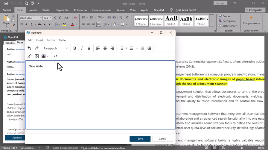The new HTML notes editor in the OpenKM add-in for Microsoft Word.