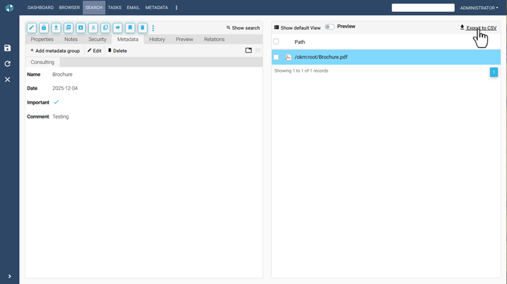 Export search results to CSV with metadata