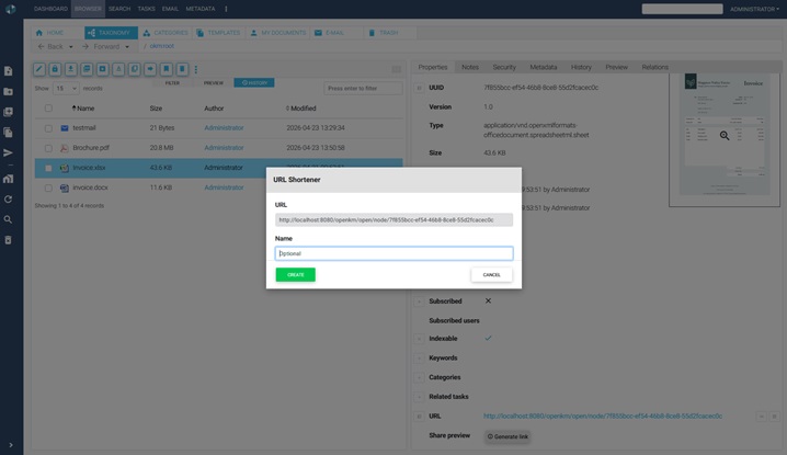 Acortador de URLs en OpenKM